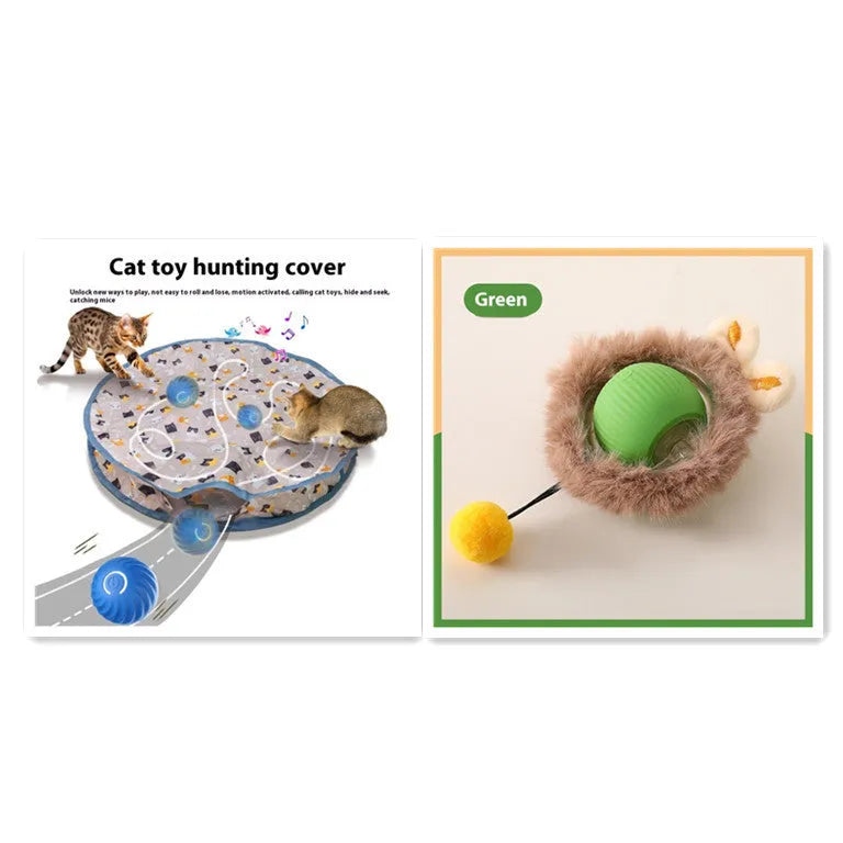 Silicone cat toy ball in plush red, green, or grey colours with optional rope attachment