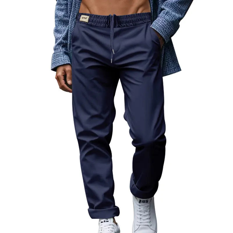 Men's loose straight casual trousers with pockets, mid waist drawstring, quick-drying polyester, seven colours
