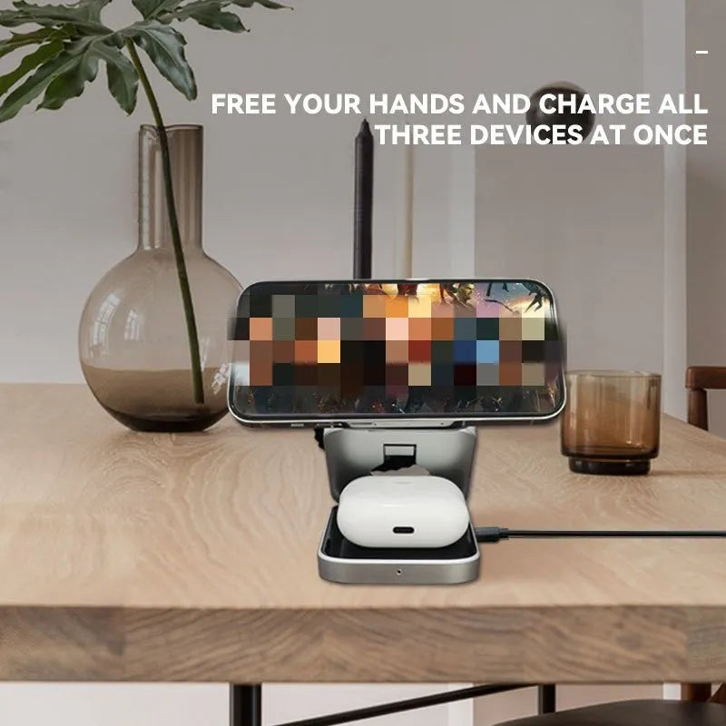 Foldable three-in-one desktop wireless charging bracket shown open and closed