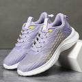 Women's Lavender Purple Flyknit running shoes with mesh upper and striped pattern on an EVA sole.