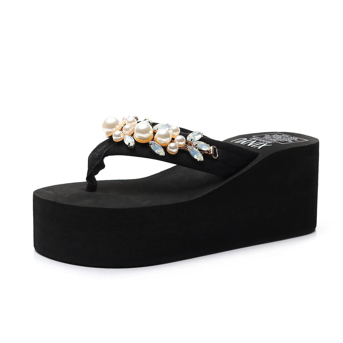 Women's beige high-heeled flip-flop slippers with a cotton cloth upper.