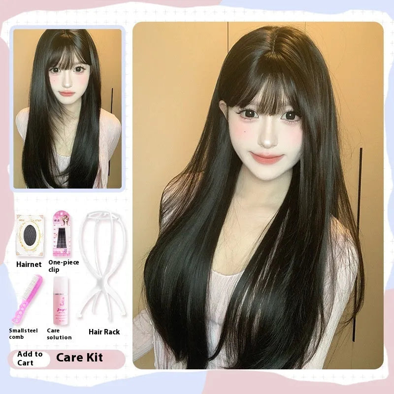 Dark brown women's wig with long straight hair and fringe, made from heat-resistant synthetic fibre