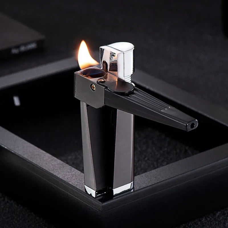 Metal folding pipe lighter with stash compartment in silver finish, showing open and closed positions