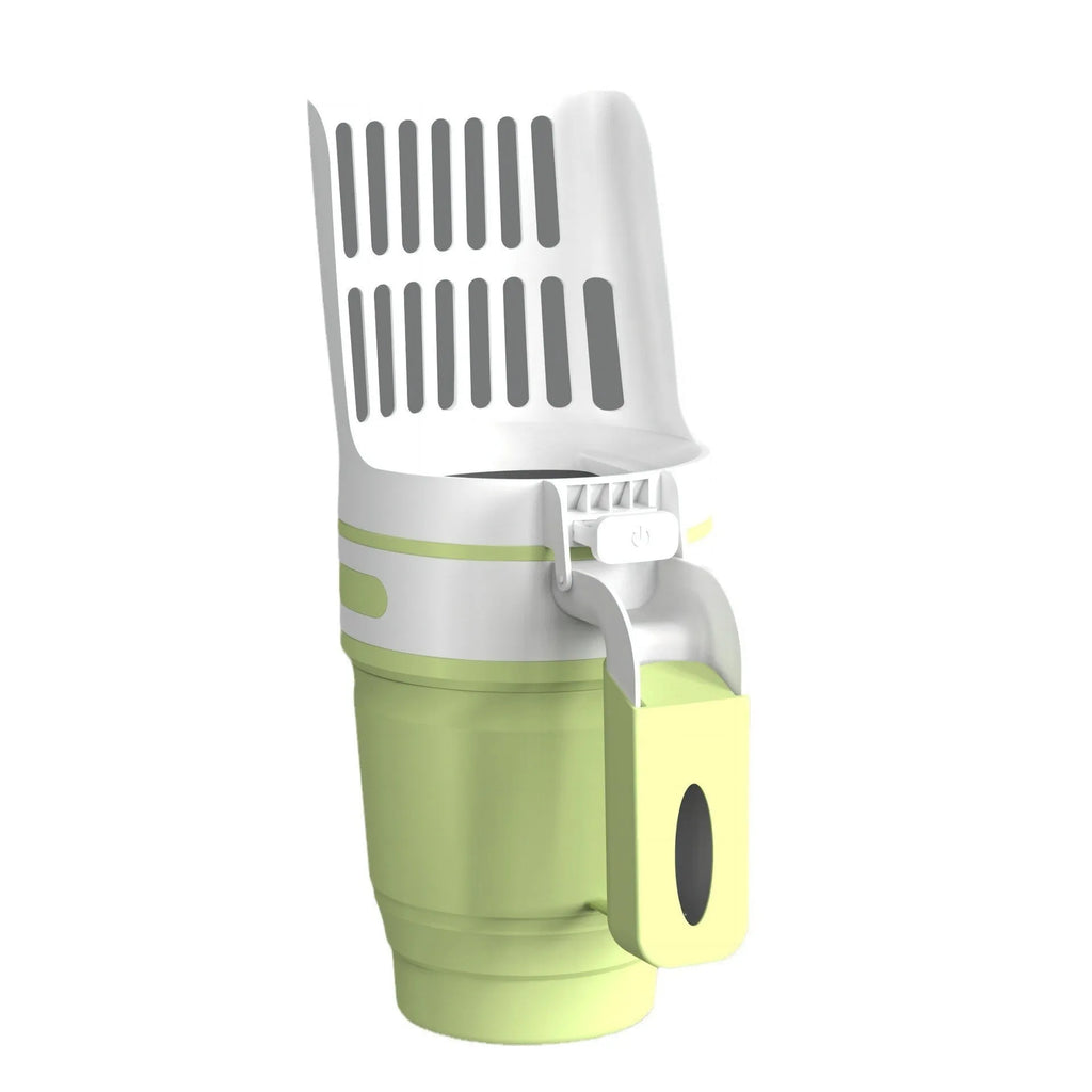 Grey, blue, and green cat litter scoop with integrated waste bin and sheltered lid.
