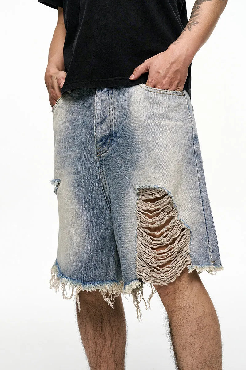 Light blue retro washed men's baggy denim shorts on a mid-waist mannequin.