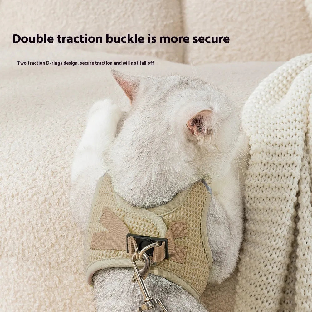 Waffle fabric cat harness with rope chest strap in brown, green or purple colours