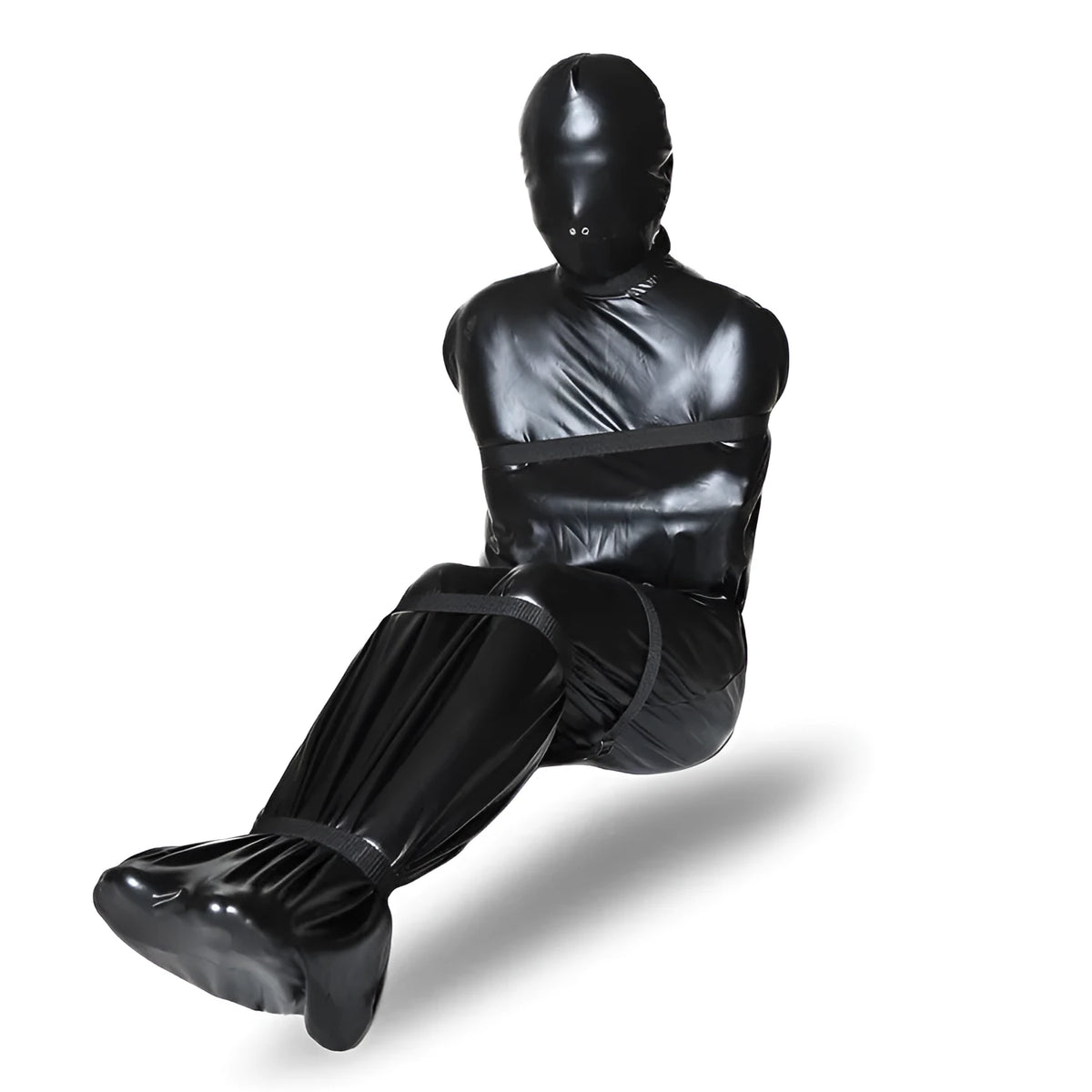 Black patent leather bondage set showing full body wrap and six ratchet tie-down straps arranged together