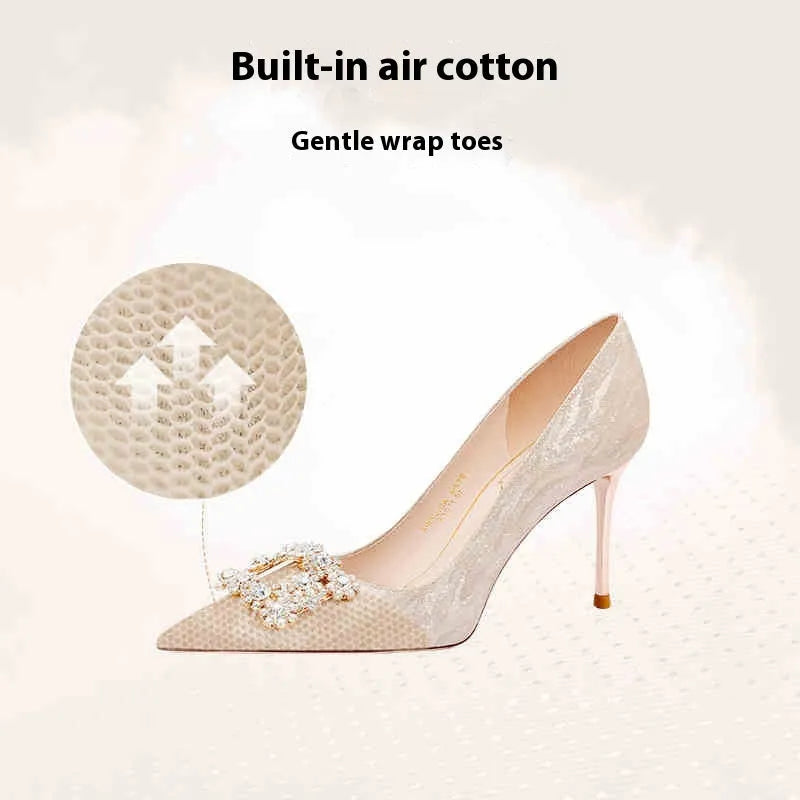 Champagne gold pointed toe high heels with stiletto heel in slip-on princess style