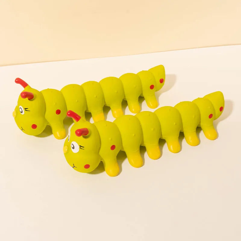 Yellow caterpillar-shaped rubber dog squeaky toy for small to medium breed dogs