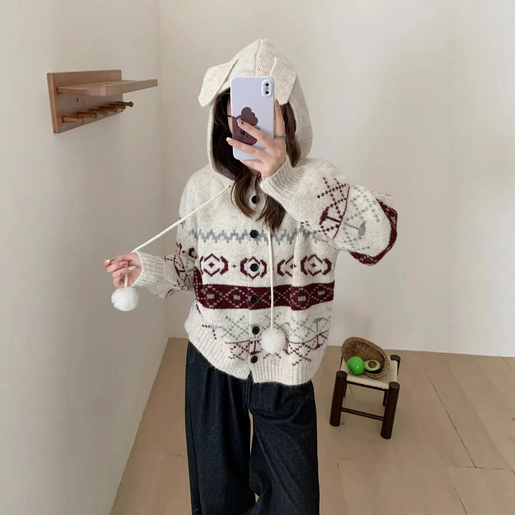Plus size women's brocade sweater coat with geometric pattern in milky white