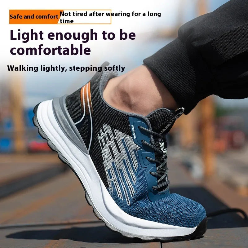 Blue men's low-top safety work shoes with mesh upper and plastic toe cap on a white background.