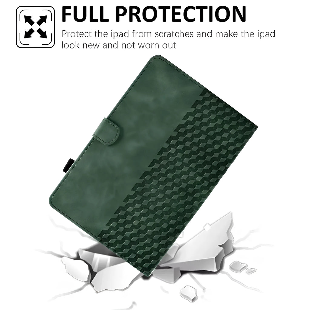 iPad Pro 11 leather case in diamond frosted green with card holder flap open and kickstand deployed.