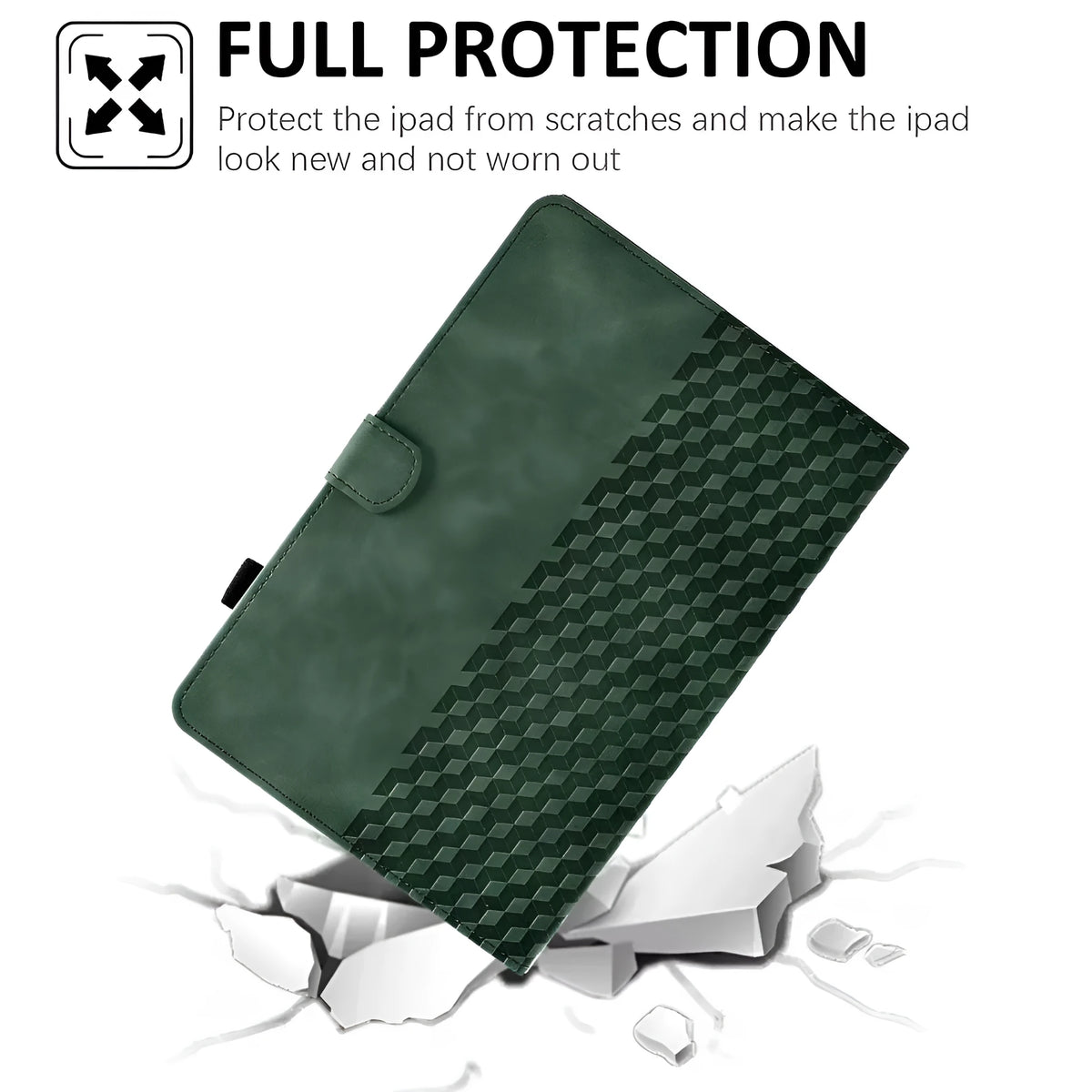 iPad Pro 11 leather case in diamond frosted green with card holder flap open and kickstand deployed.