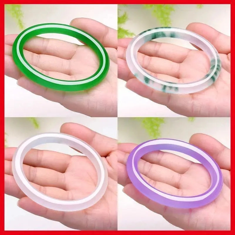 Women's jade bracelet with floating flower design in multiple colour options showing adjustable sizing