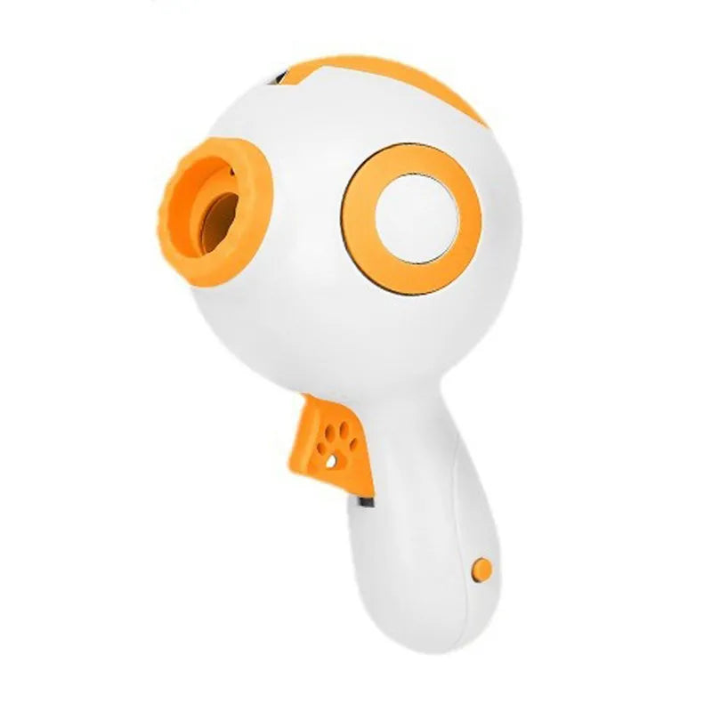 Green, orange, and pink dog treat launcher toy for remote feeding and interactive play