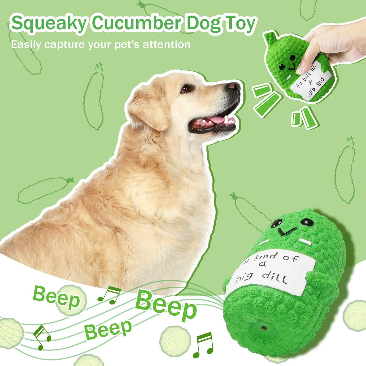 Green pickle squeaky dog toy with textured surface for teeth cleaning
