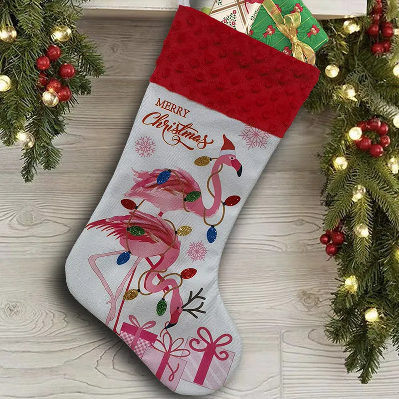 Flamingo Christmas stocking with decorative pendant measuring 46 by 28 centimetres