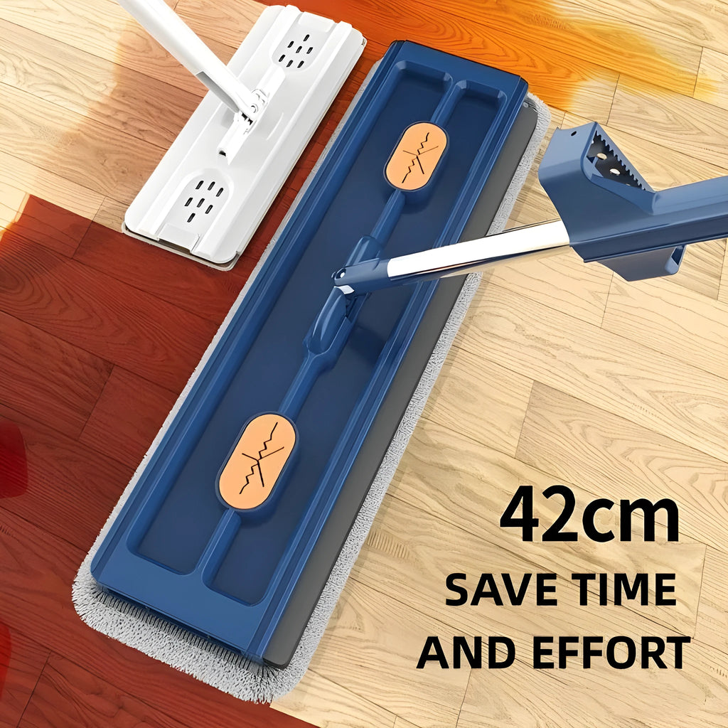 Large blue flat mop with long stainless steel handle and 360-degree rotating head on a hard floor