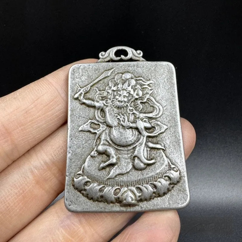 Antique iron metal hanging pendant with Chinese geometric patterns and deity motifs