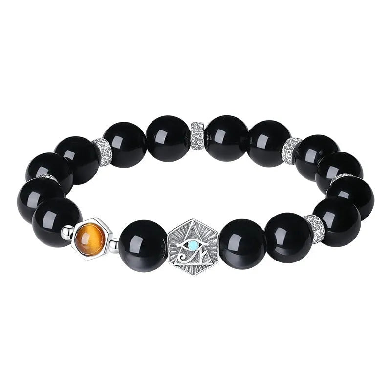 Men's S925 sterling silver bracelet with 8mm obsidian God's Eye geometric inlay.