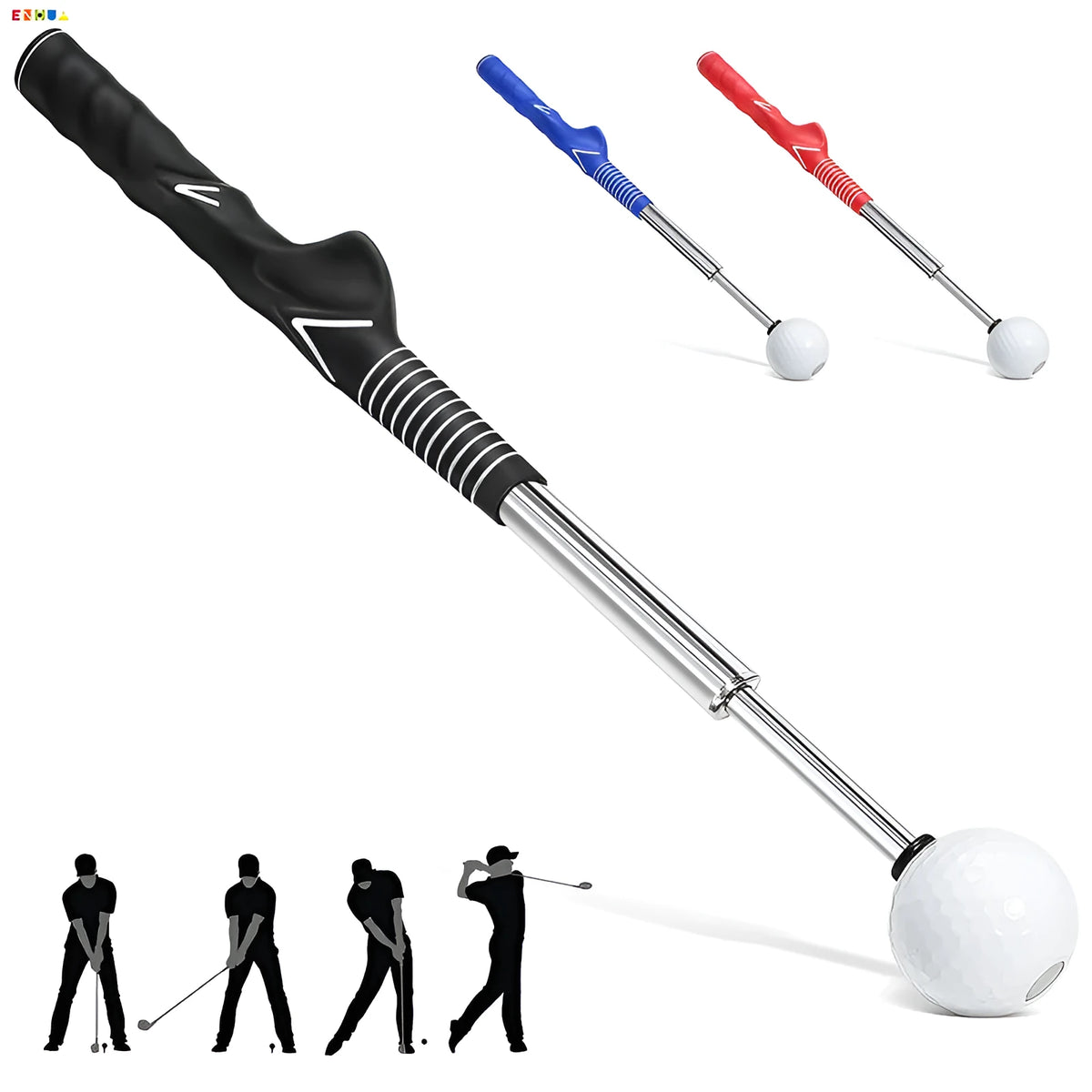 Telescopic stainless steel golf swing trainer in black, blue, or red colour