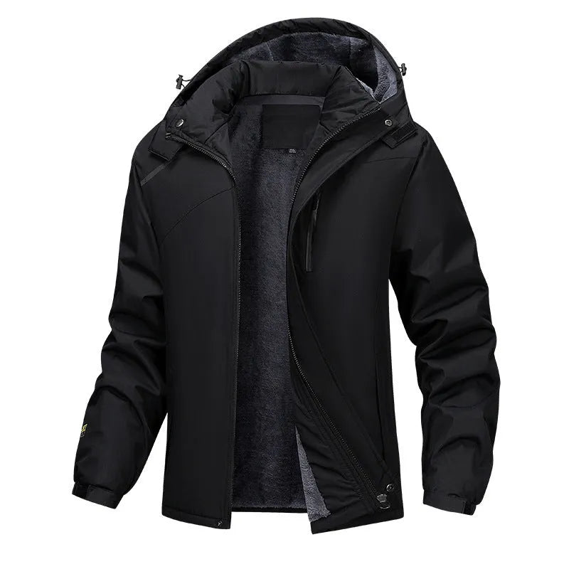 Men's plus size waterproof hooded coat in loose fit, shown in army green colour