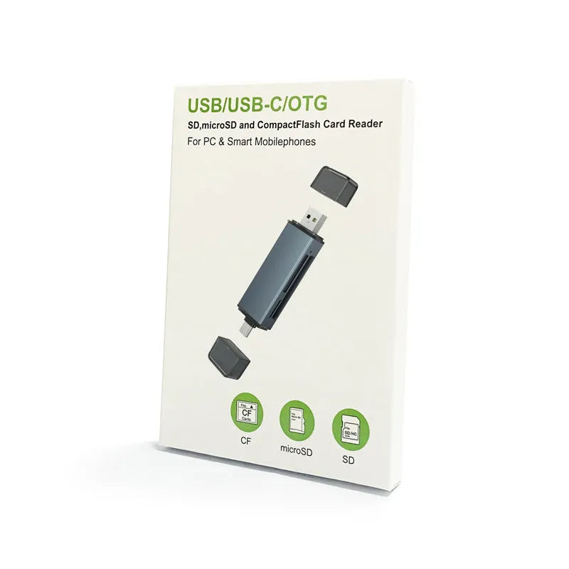 Compact aluminium alloy three-in-one memory card reader for CF, SD, and TF cards with USB and TYPE-C ports.