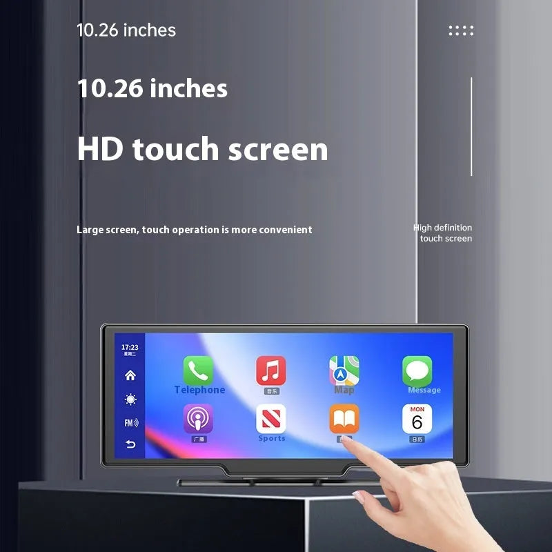 10-inch car smart screen with Apple CarPlay and dash cam mounted in vehicle