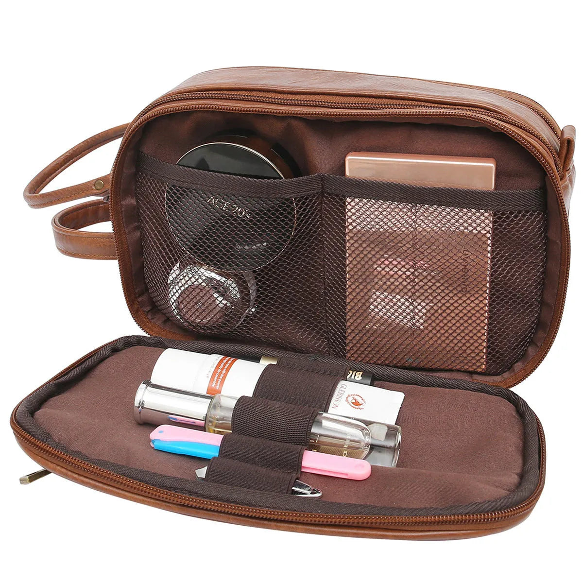 Men's solid colour PU toiletry bag for travel storage and cosmetics, shown in black and brown.