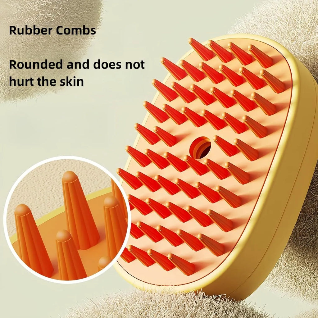 White and yellow pet steam brush with silicone bristles and water tank for dog and cat grooming