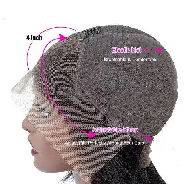 A woman wearing a human hair lace front wig in Star Fashion style with a 4x4 lace base.