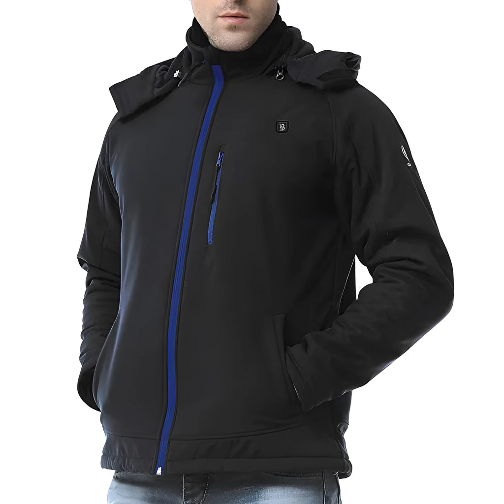 Black men's USB heated waterproof winter coat showing zipper pockets and long sleeve straight hem design