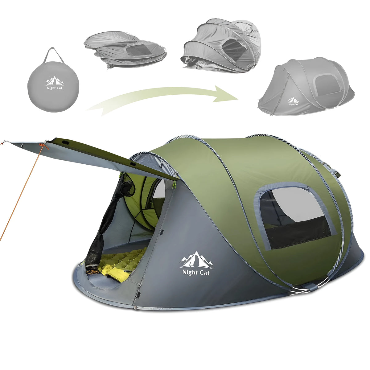 Dark green automatic pop-up camping tent with compact dimensions suitable for two people