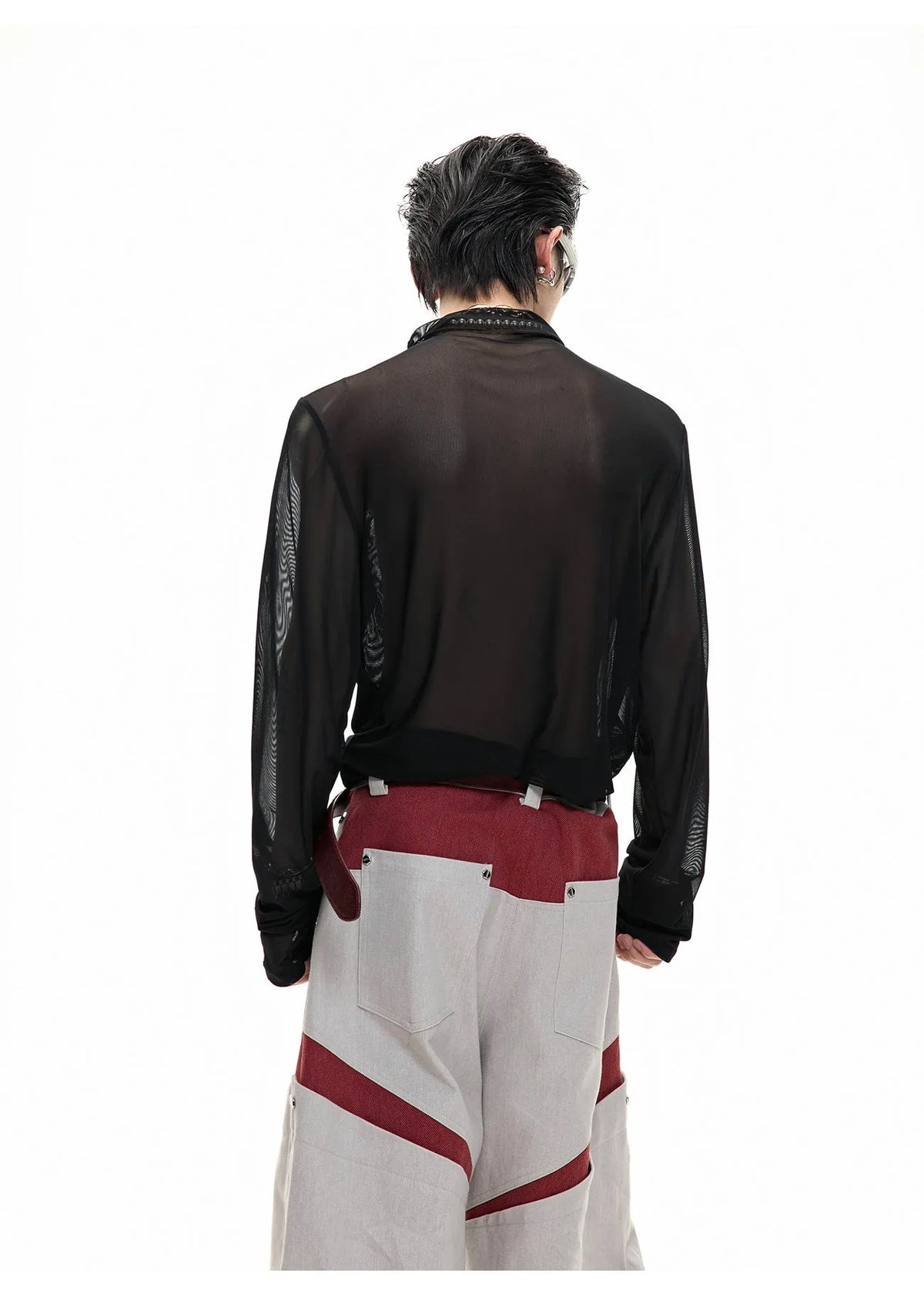 Black and white slim-fit long sleeve mesh bottoming shirt for men on a hanger.