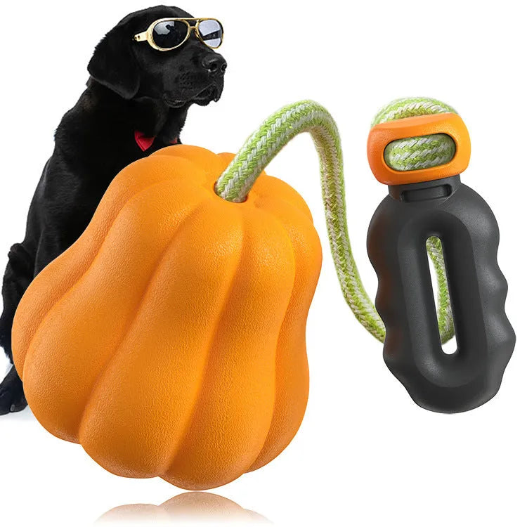 Orange pumpkin-shaped plastic dog toy with bite molar texture and rope handle for aggressive chewers