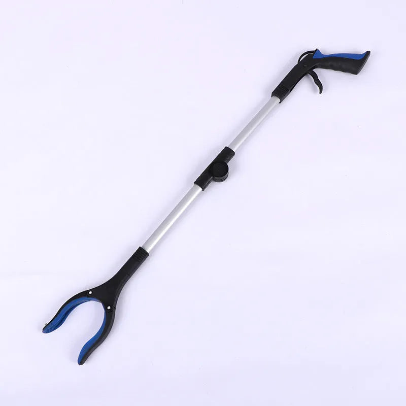 Folding aluminium garbage pick-up clamp with extended shaft and magnetic sucker attachment on a blue handle.
