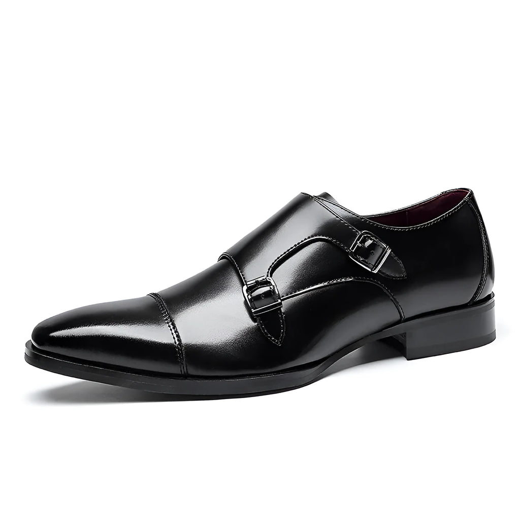 Men's black leather square-toe business shoes with metal sewn detailing and rubber sole