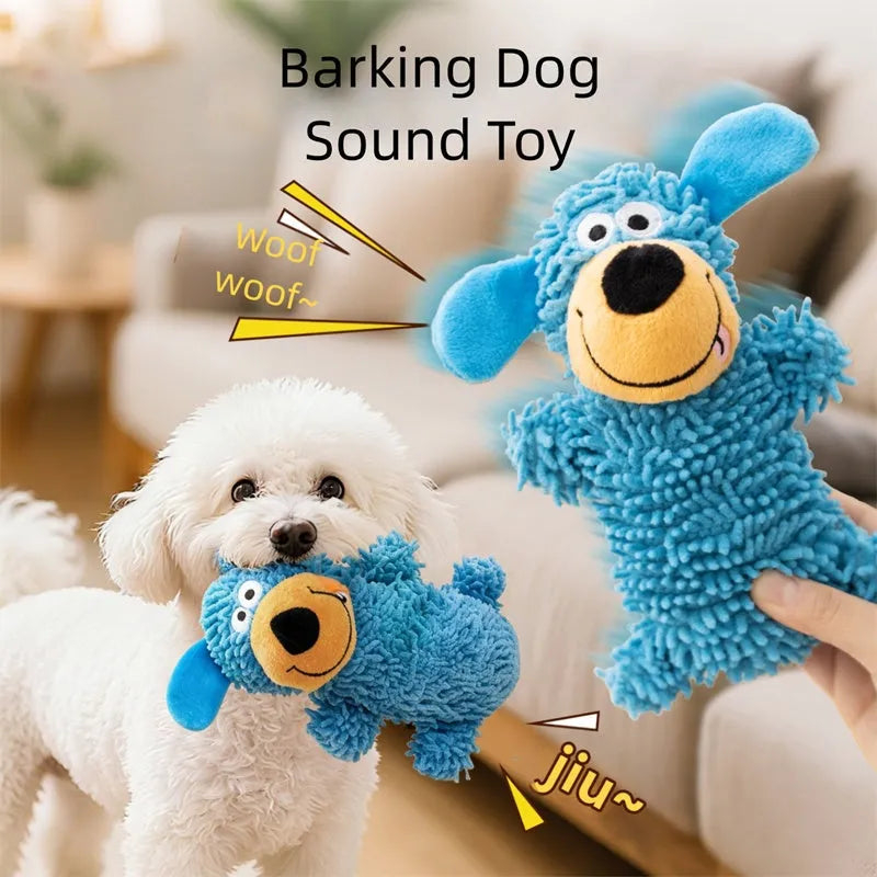 Blue plush dog-shaped squeaky toy for puppies and dogs, soft fabric with cheerful face