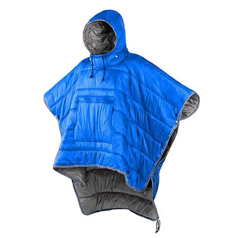 Adult wearing a grey outdoor cloak sleeping bag, showing its full 200x140cm size and hood.