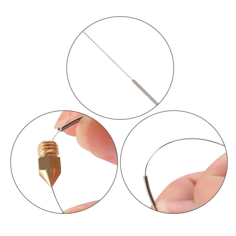 Ten stainless steel cleaning needles for 3D printer nozzles with five diameter sizes.