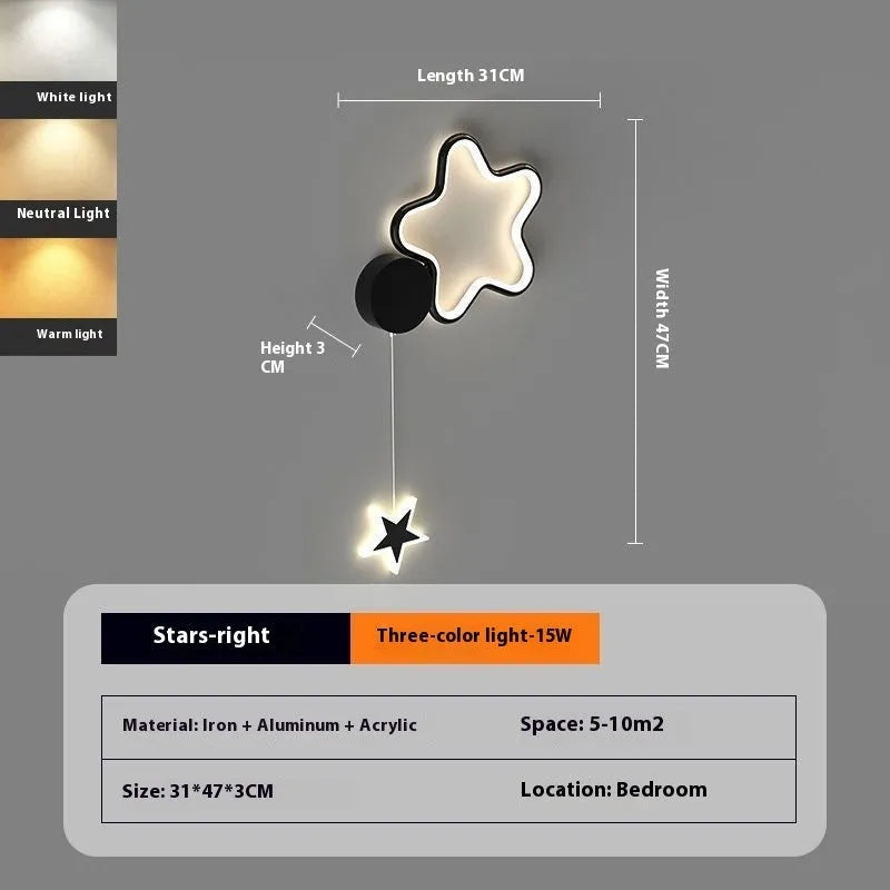 Cloud and star shaped children's bedside wall lamp with LED lighting in black or white finish