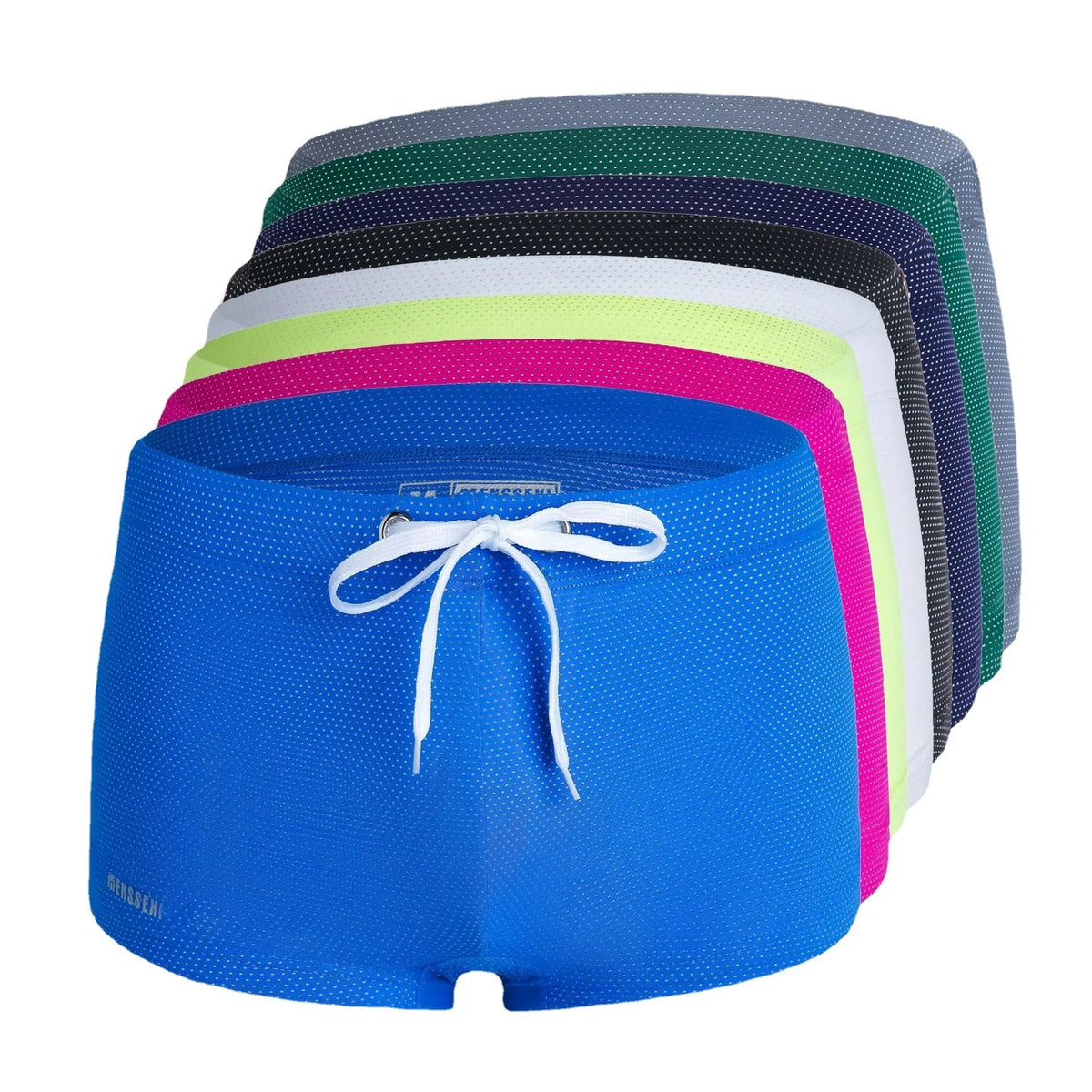 Men's solid colour low waist nylon swimming trunks with lace detail.