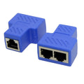 RJ45 network cable splitter adapter showing one input and two output ports in multiple colour options
