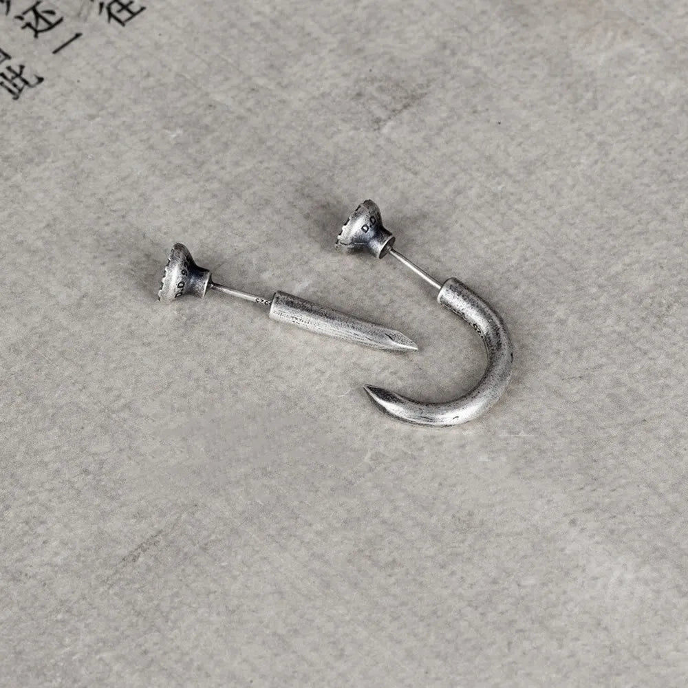 S925 sterling silver punk nail stud earrings on ear hook, straight and curved style options.