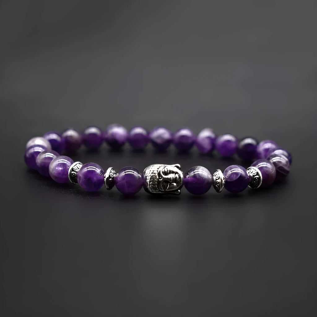 Unisex adjustable bracelet with a large 19mm Buddha head bead, options include amethyst, black agate, and Tiger Eye.