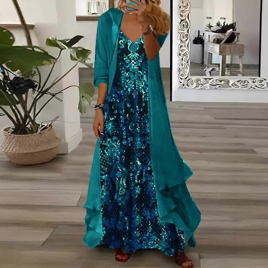 Plus size women's blue V-neck strap top and long skirt set with crocheted flowers and 3D effect
