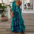 Plus size women's blue V-neck strap top and long skirt set with crocheted flowers and 3D effect