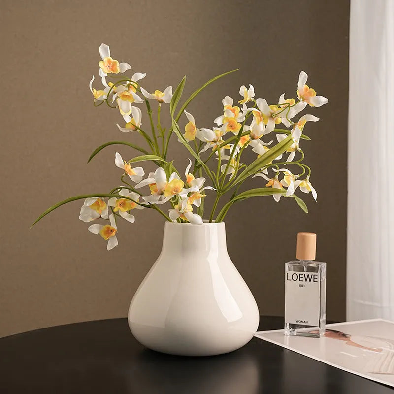 Ceramic round belly French-style vase with decorative flowers in black or white colour options
