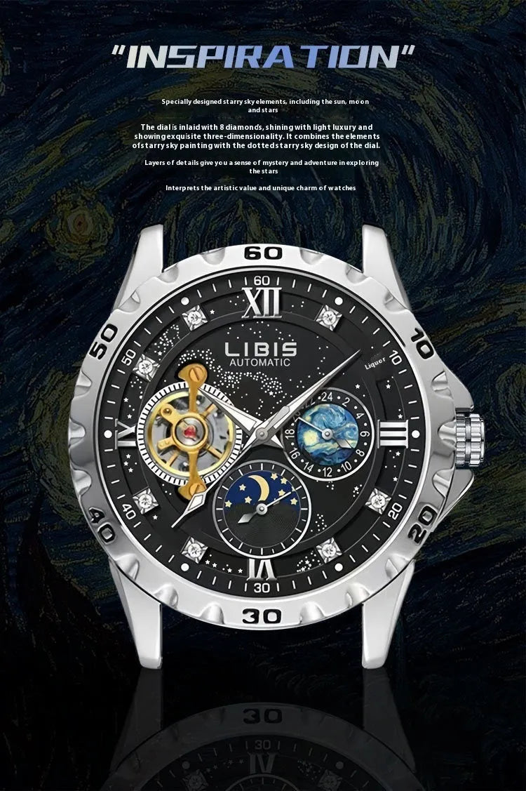 Men's silver automatic mechanical watch with black starry dial and luminous hands on leather strap