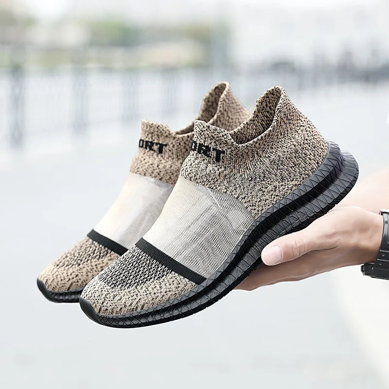 Breathable flyknit woven casual sports sock shoes in multiple colours on a white background.